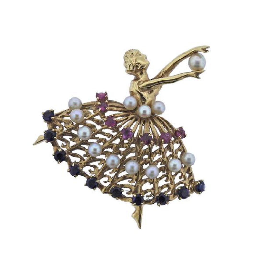 Retro 14k Gold Pearl Ruby Sapphire Ballerina Brooch (1 of 3)