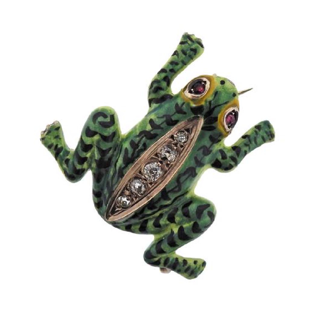 14k Gold Diamond Enamel Frog Brooch Pendant (1 of 4)