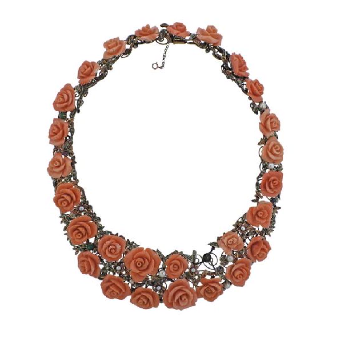 Gold Silver Carved Coral Pearl Diamond Necklace (1 of 5)