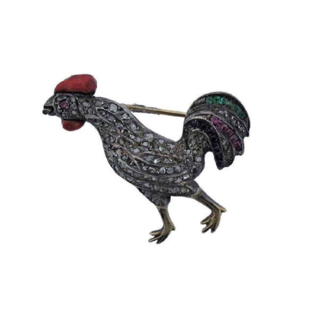 Silver Gold Diamond Coral Sapphire Ruby Rooster Brooch (1 of 3)