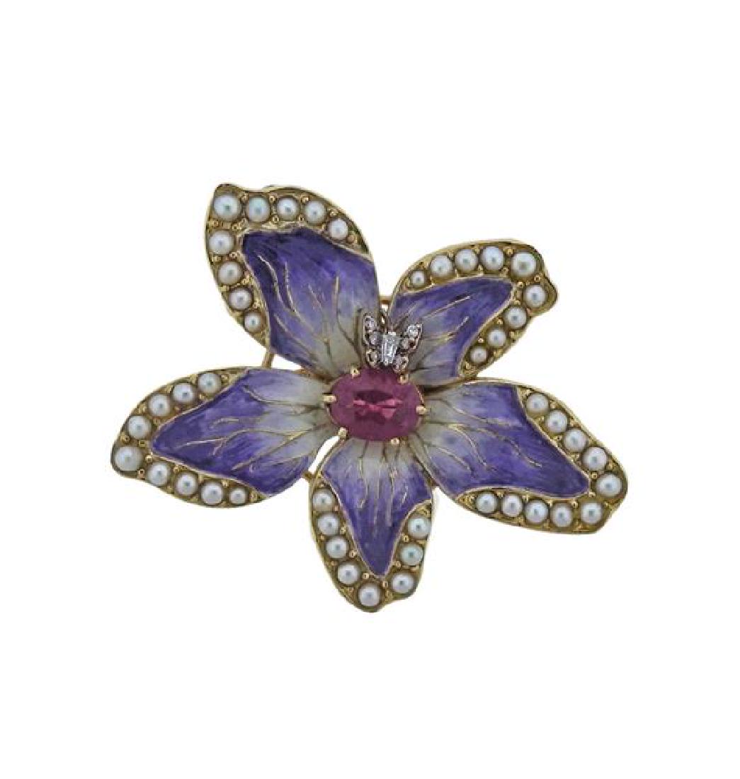 14K Gold Diamond Ruby Enamel Pearl Flower Brooch (1 of 3)