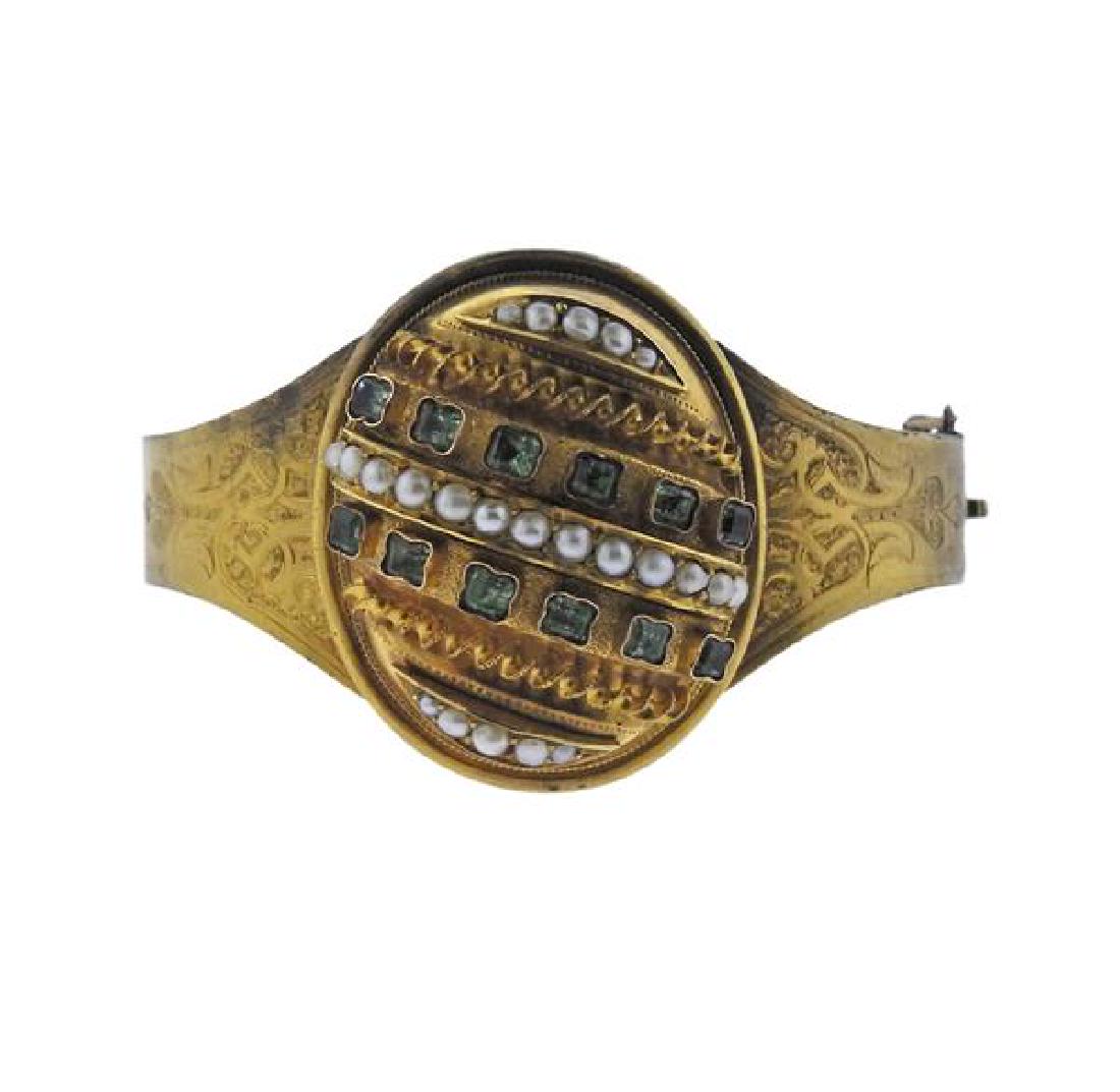 Antique 18K Gold Pearl Green Gemstone Bracelet (1 of 3)