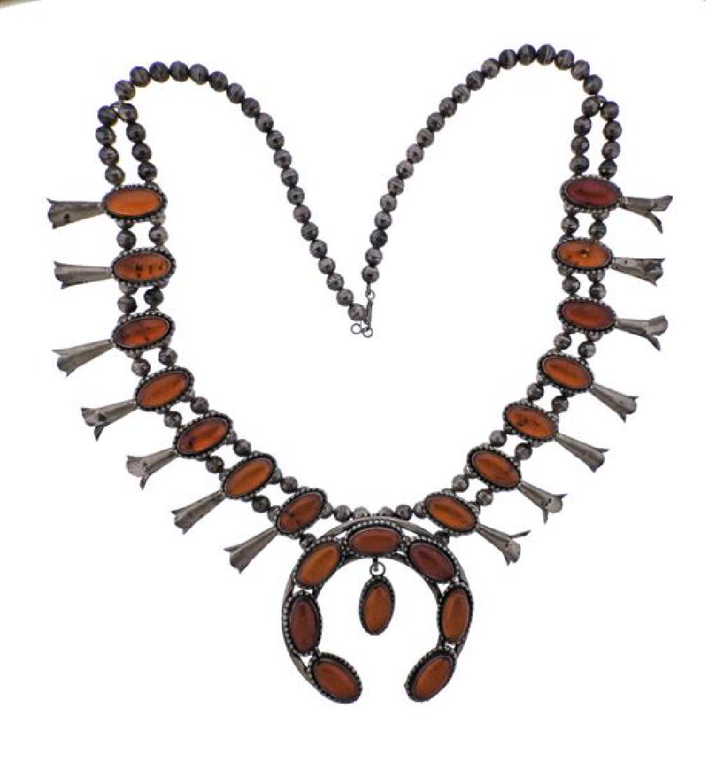 Native American Sterling Amber Squash Blossom Necklace (1 of 5)