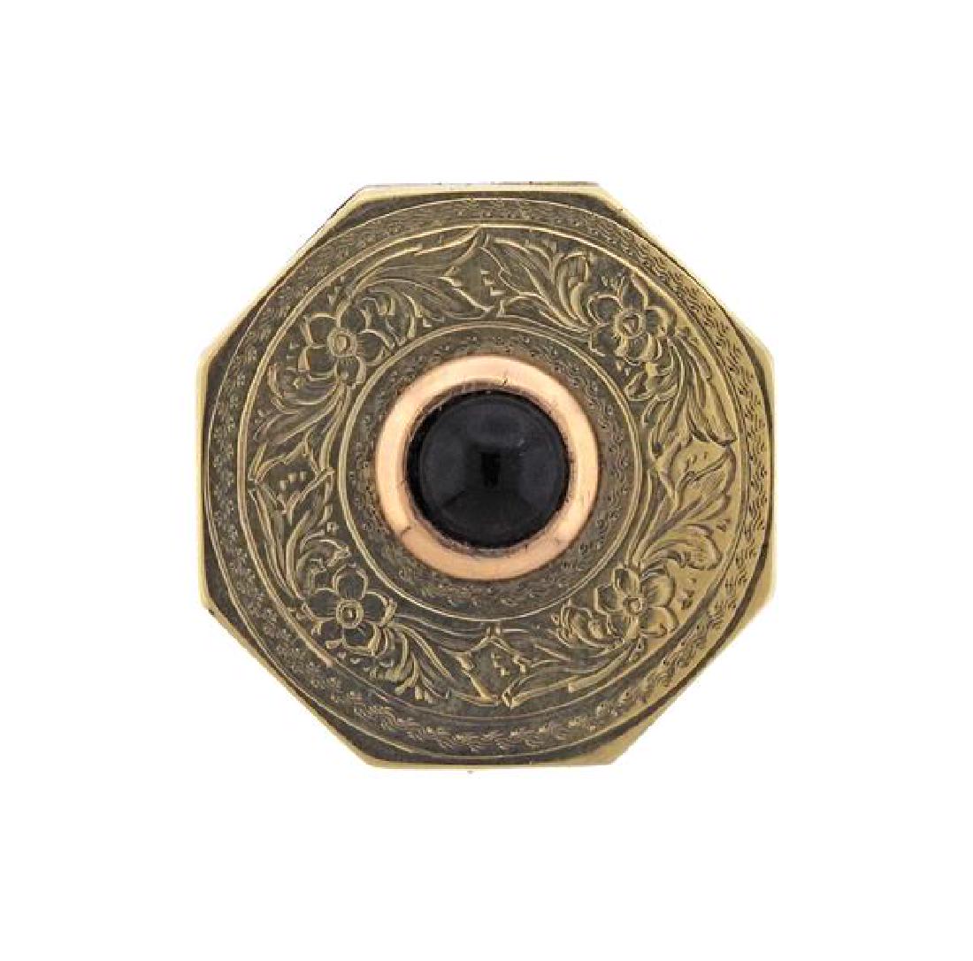 Antique 14k Gold Garnet Pill Box: METAL: 14k Gold. MEASUREMENTS: Box measures 32mm x 32mm x 15mm. GEMSTONES: Garnet - 8.5mm in diameter. WEIGHT: 14.1 grams.Gemstones have not been graded for color and clarity ,and tested for clarity a