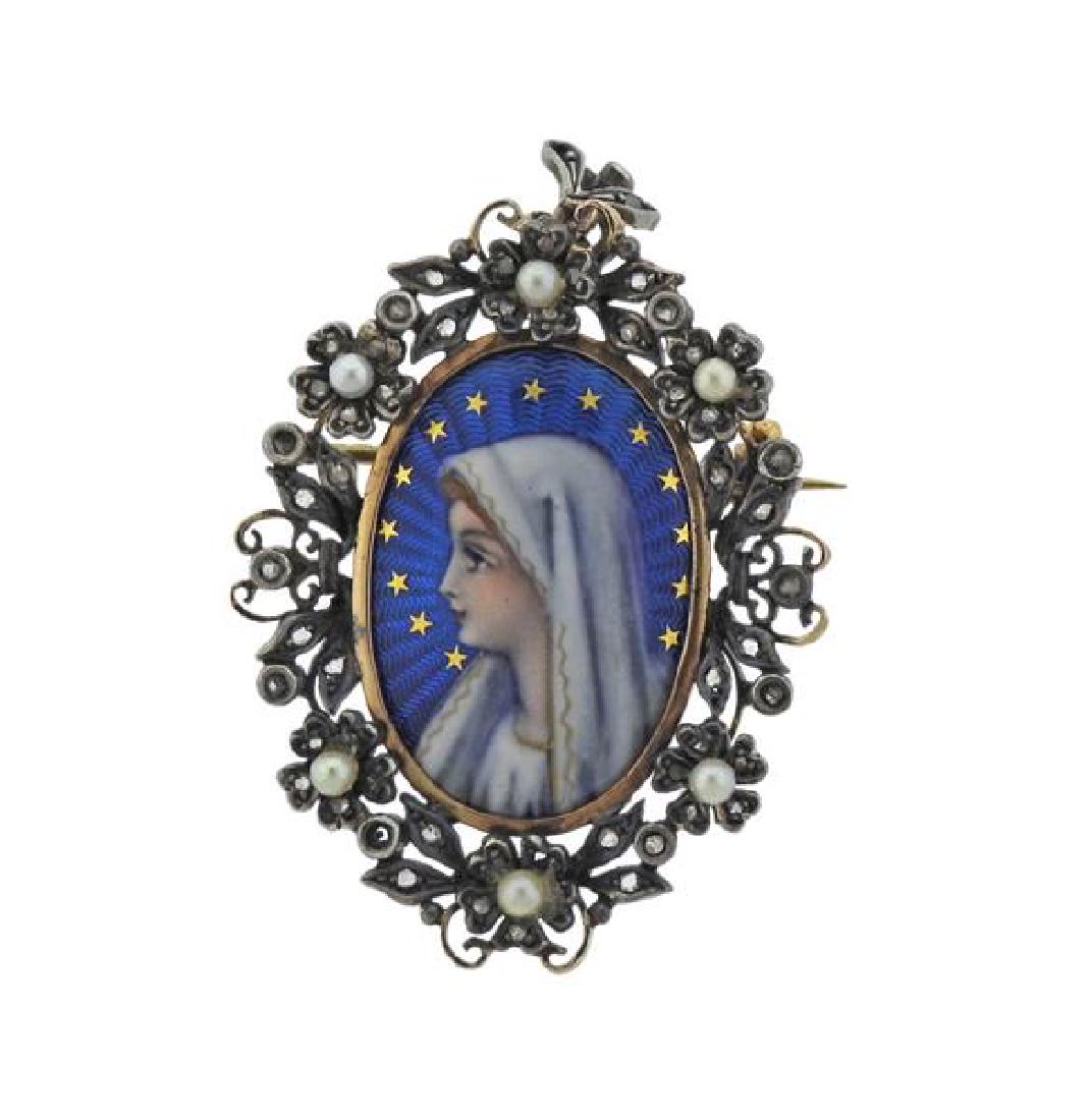 Antique 18K Gold Silver Diamond Pearl Enamel Brooch: METAL: 18K gold, silver. GEMSTONES: rose cut diamonds (3 stones are missing), pearls, enamel. MEASUREMENTS: brooch/pendant is 46mm long x 31mm at widest point. MARKED/TESTED: 18k , silver, gold mark o
