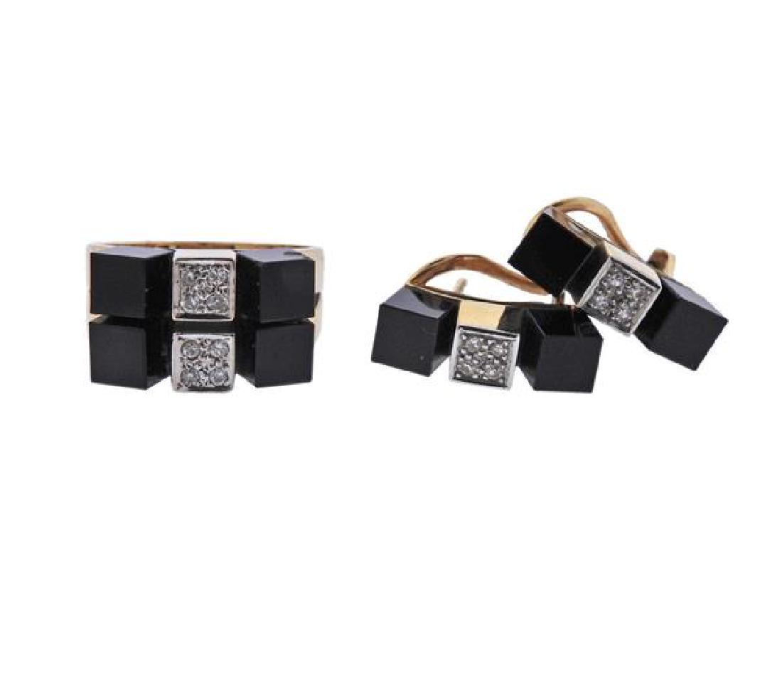 18K Gold Diamond Onyx Earrings Ring Set (1 of 7)