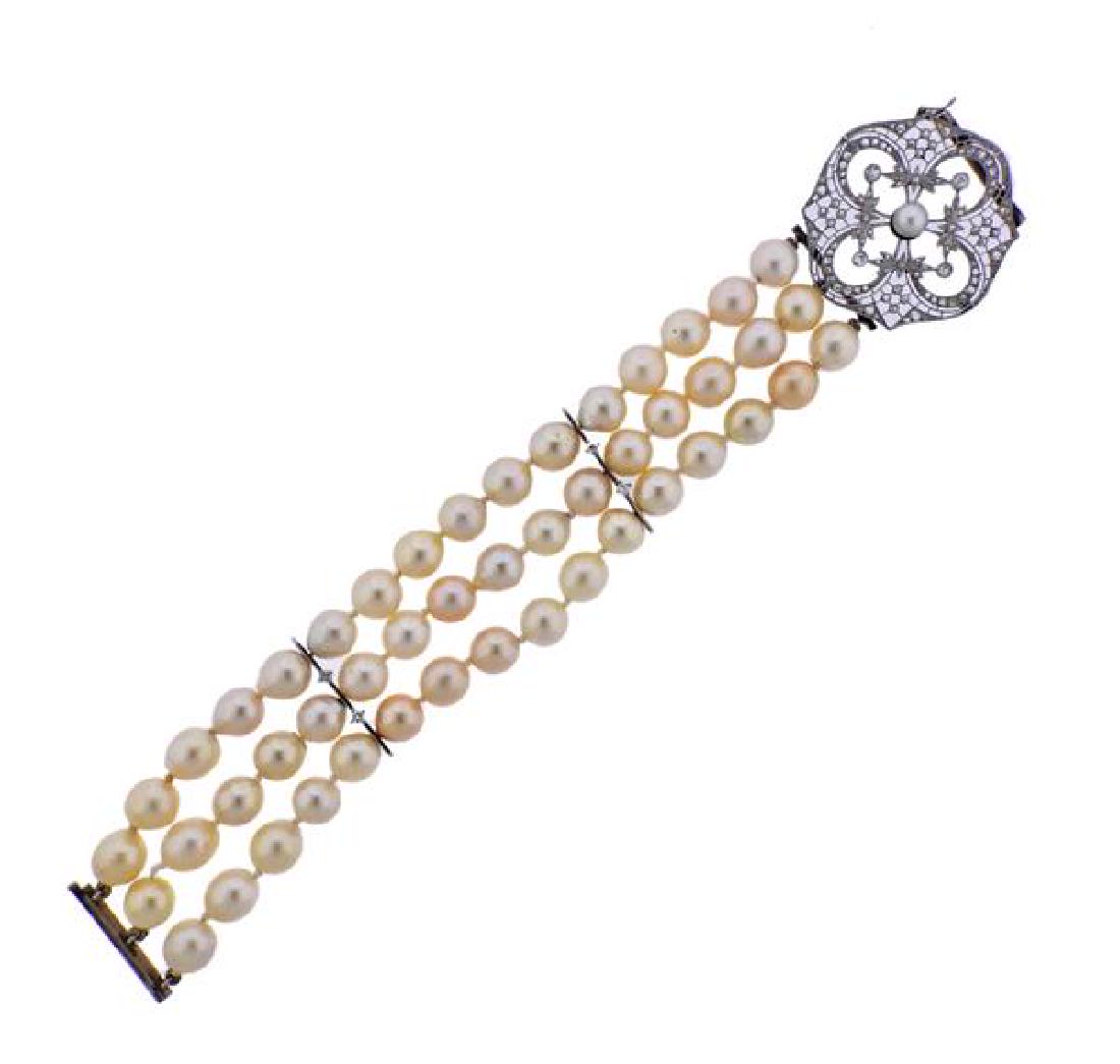 Platinum Gold Diamond Pearl Three Strand Bracelet (1 of 4)