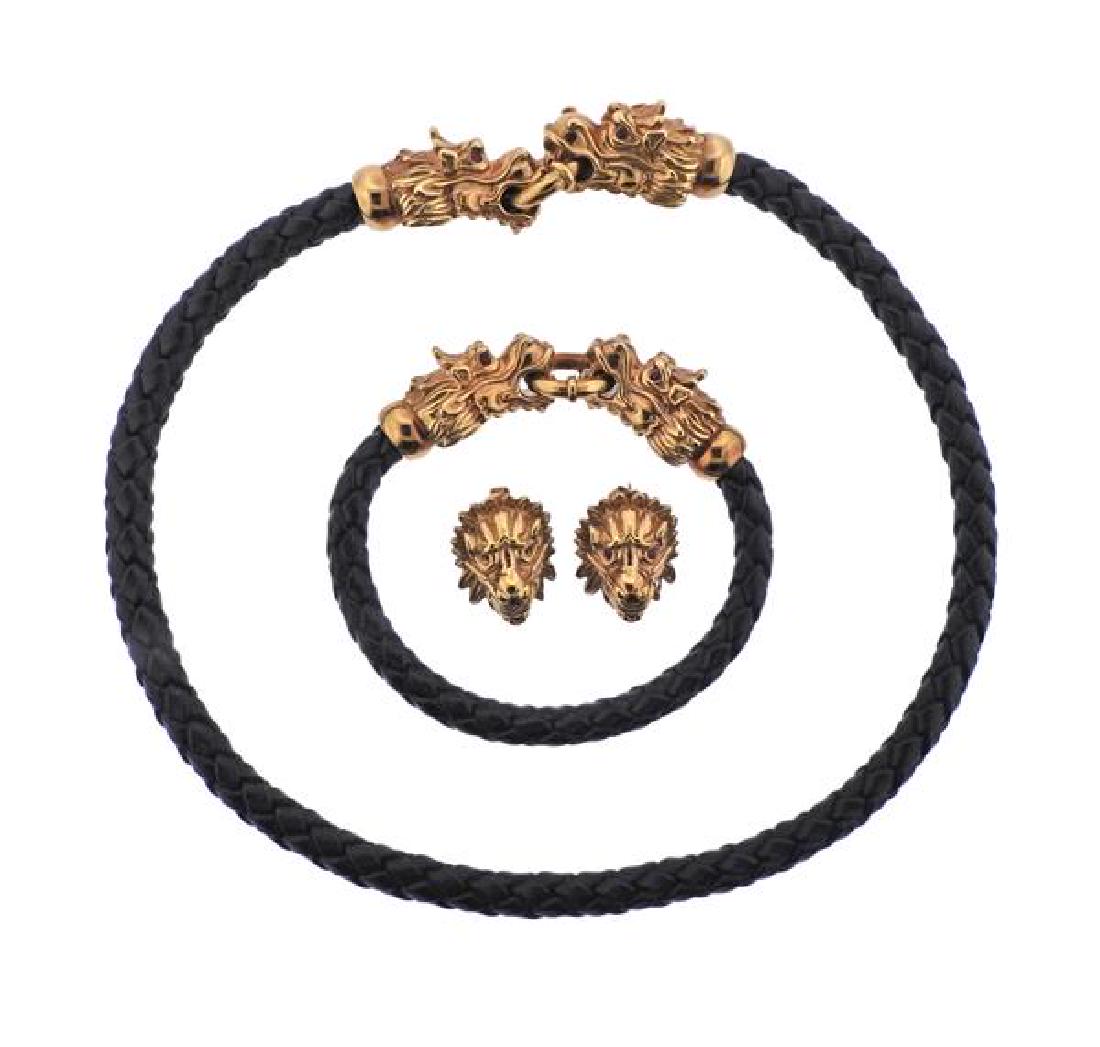 18K Gold Red Stone Leather Cord Bracelet Necklace (1 of 4)