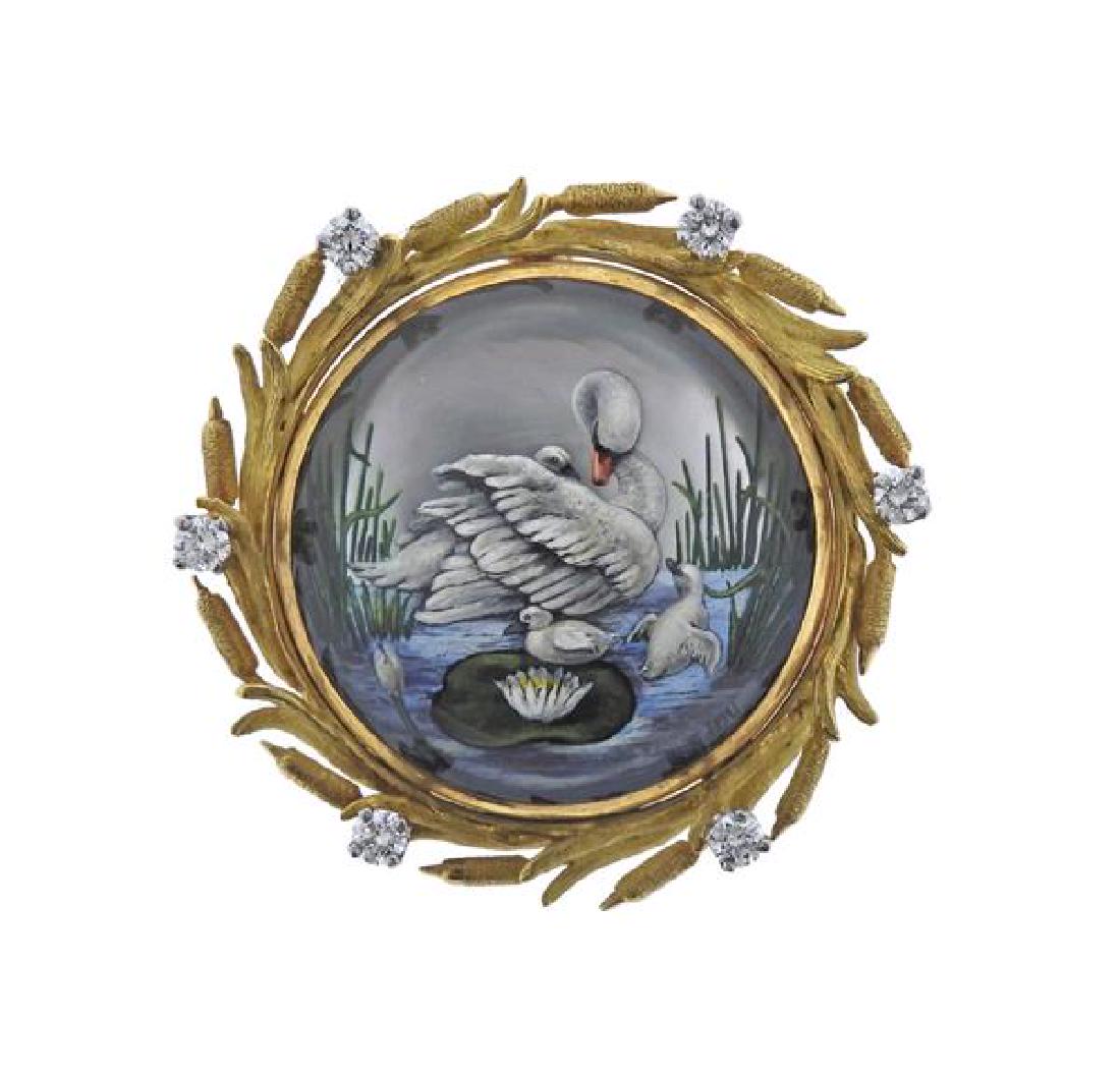 McTeigue 18K Gold Diamond MOP Reverse Painting Brooch: METAL: 18K gold, 14k gold -clasp and bale. GEMSTONES: diamonds, mother of pearl, reverse painting. MEASUREMENTS: brooch is 33mm in diameter.MARKED: 18Kt S-McT, 14K. WEIGHT: 17.1 grams.Gemstones have n