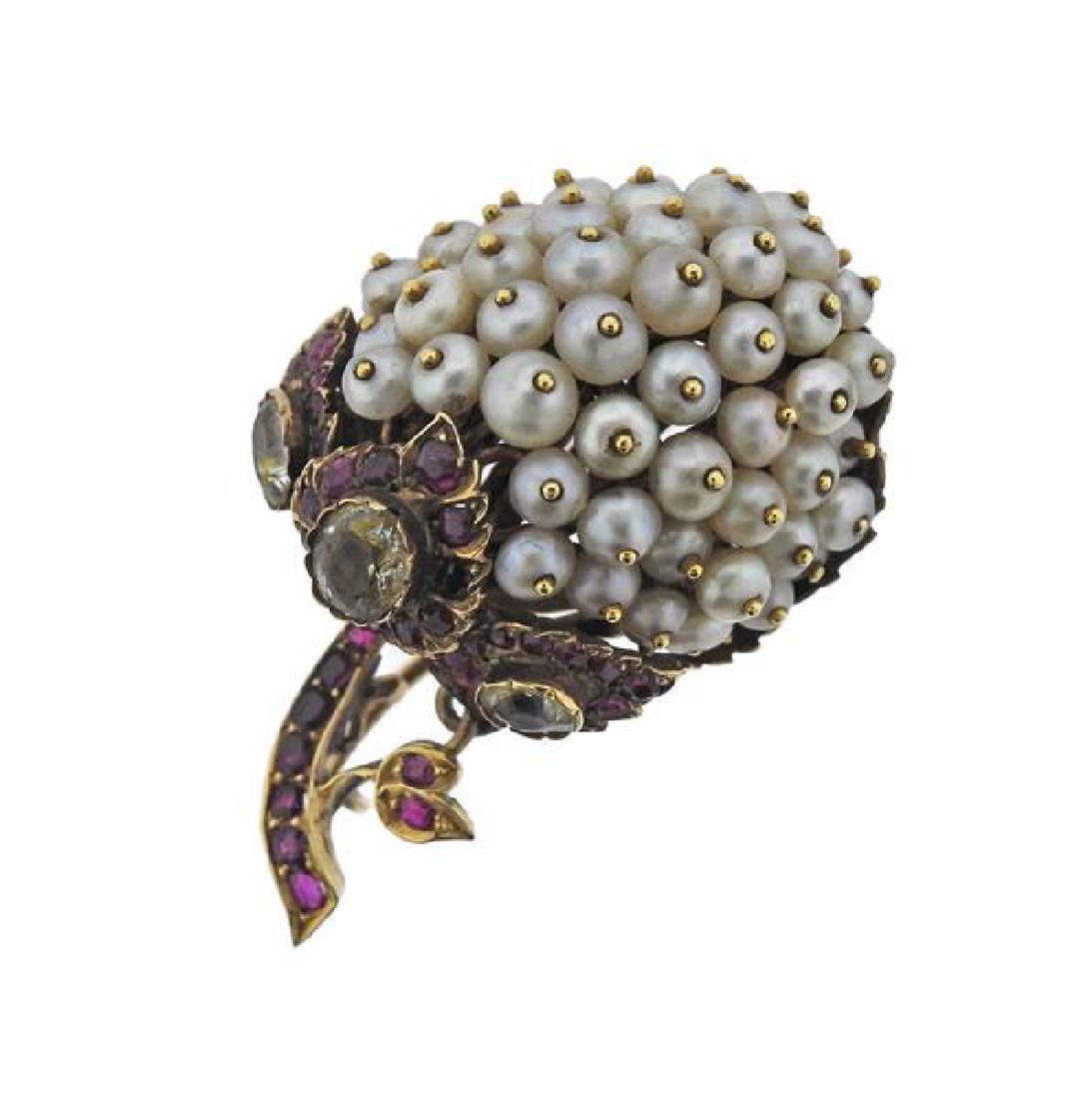 Antique 18K Gold Pearl Colored Stone Brooch (1 of 3)
