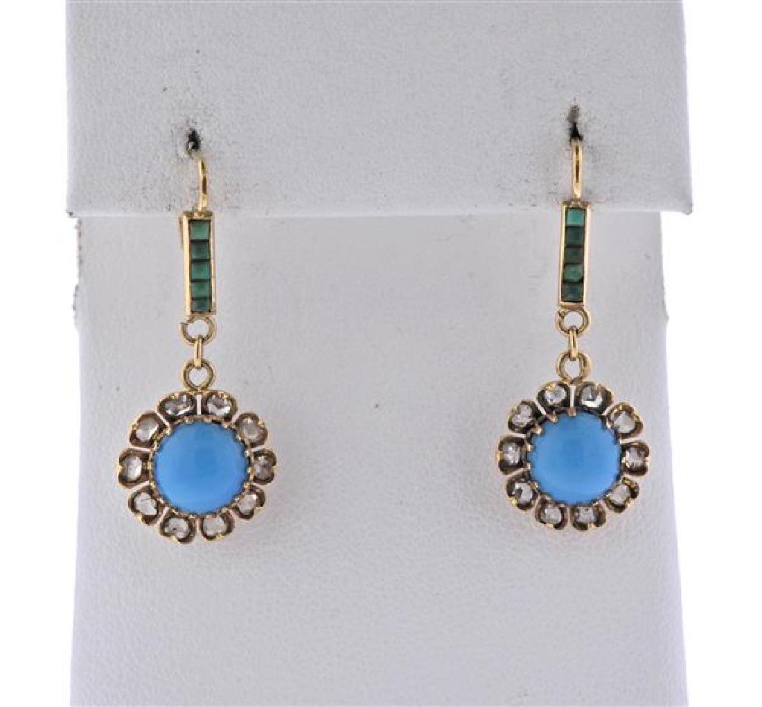 Antique 14K Gold Diamond Turquoise Jade Earrings (1 of 3)