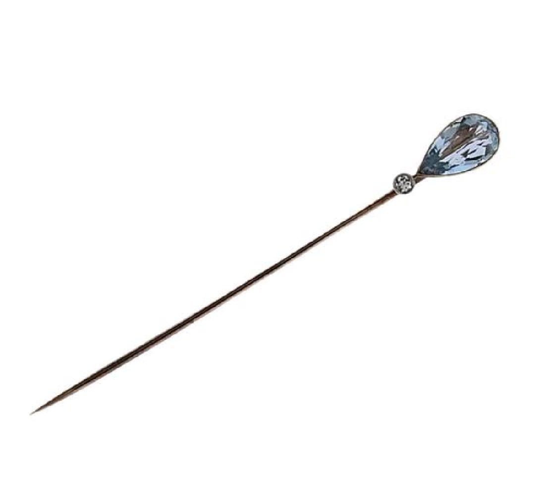 Antique 14K Gold Diamond Blue Gemstone Stick Pin: METAL: 14K gold. GEMSTONES: diamond, blue gemstone. MEASUREMENTS: stick pin top measures 15.6mm x 7mm at widest point. TESTED: 14K. WEIGHT: 1.5 grams.Gemstones have not been graded for color and clari