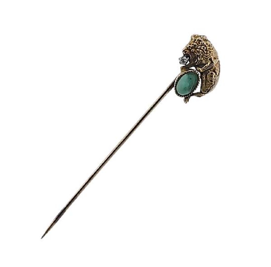 Antique 14K Gold Diamond Green Stone Lion Stick Pin: METAL: 14K gold. GEMSTONES: diamond, green stone. MEASUREMENTS: stick top is 16 x 9mm at widest point. TESTED: 14K, partially marked 14K. WEIGHT: 1.6 grams.Gemstones have not been graded for color and