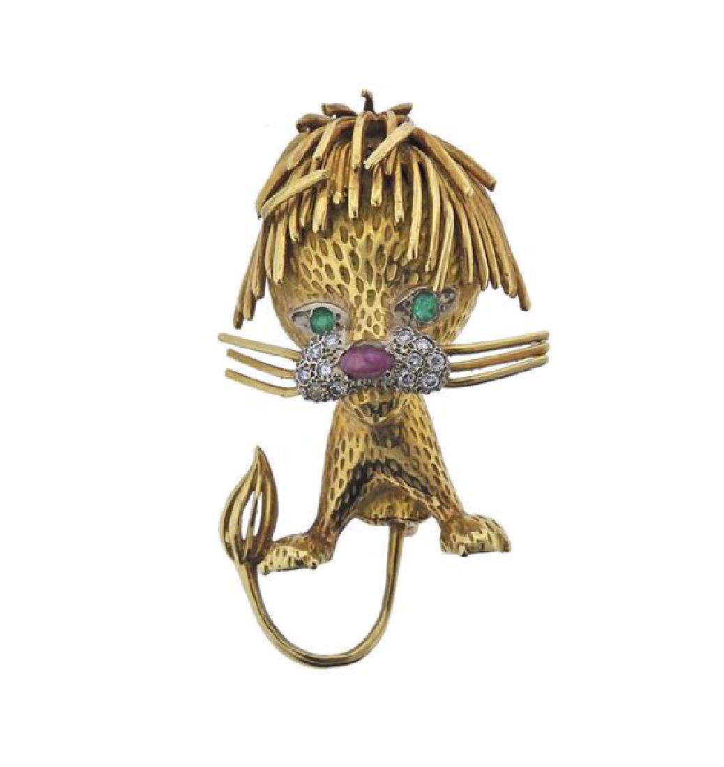 18K Gold Diamond Ruby Emerald Lion Brooch Pin (1 of 3)