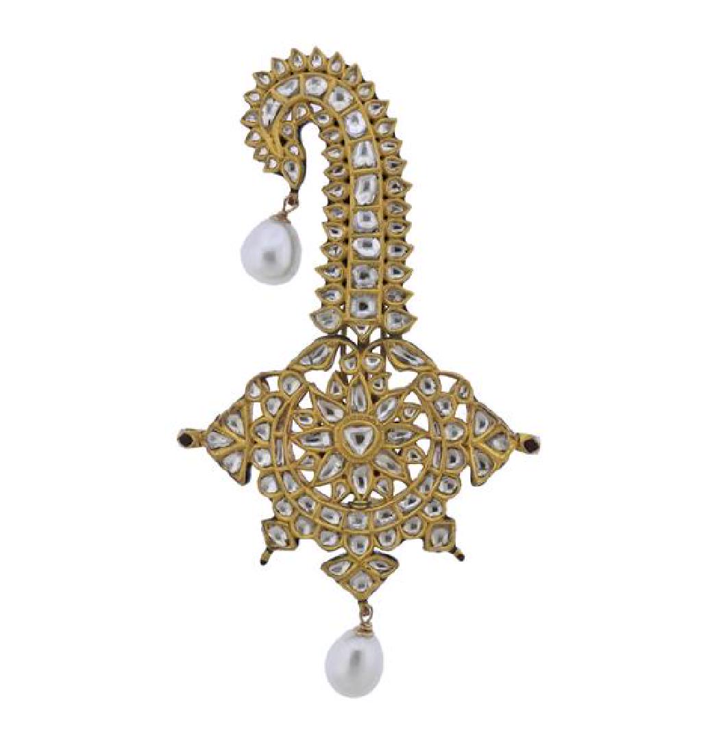 Indian High Karat  Gold Diamond Pearl Enamel Brooch (1 of 4)