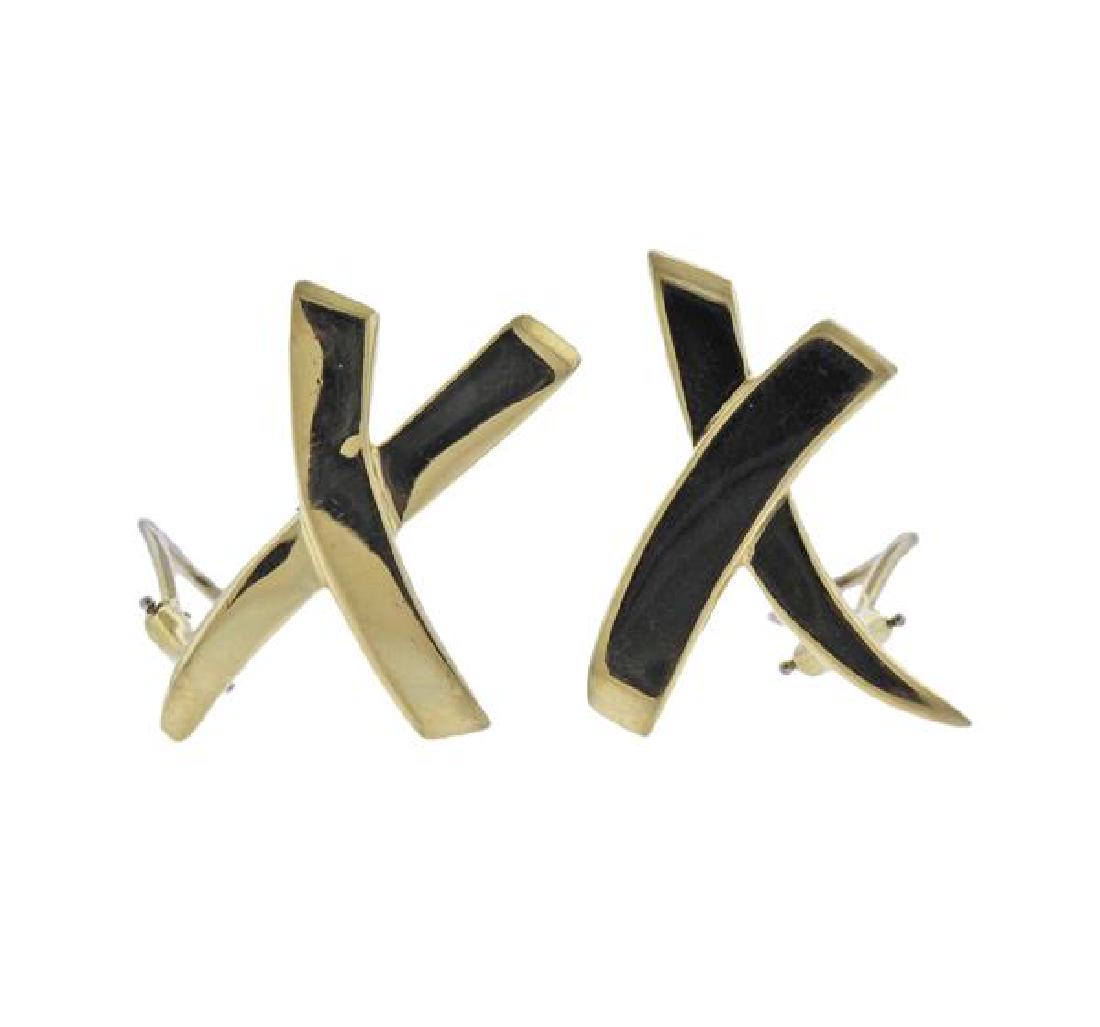 Tiffany & Co Picasso X 18k Gold Earrings: METAL: 18k Gold. MEASUREMENTS: Earrings are 27mm x 19mm. MARKED: Paloma Picasso, 750, Tiffany & Co. WEIGHT: 10.9 grams.Gemstones have not been graded for color and clarity ,and tested for clarity 