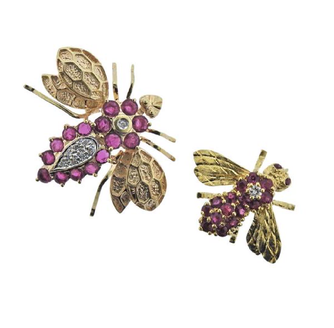 18K 14K Gold Diamond Red Stone Insect Brooch Lot of 2 (1 of 3)