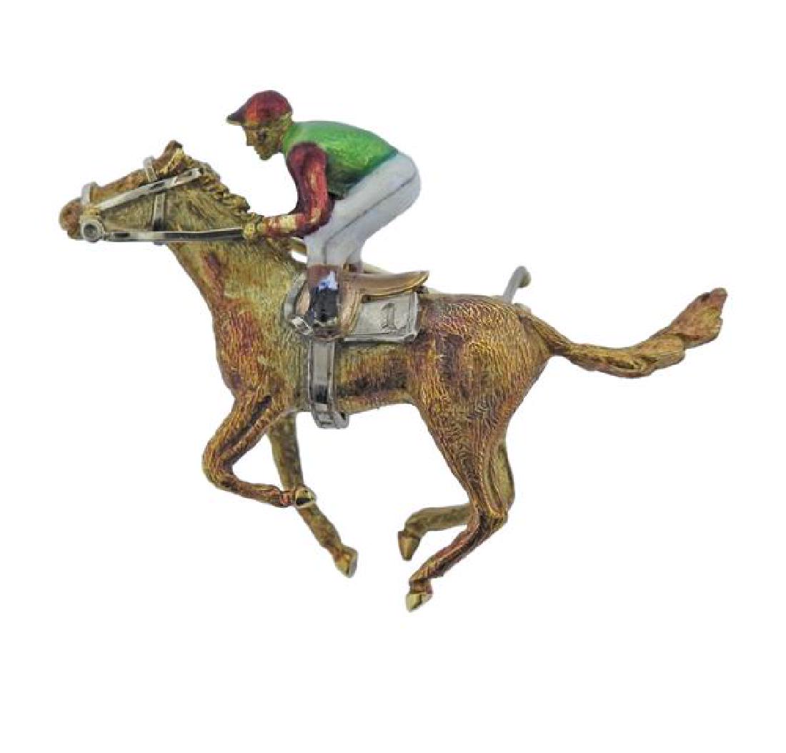 English 18K Gold Enamel Jockey Brooch Pin (1 of 3)