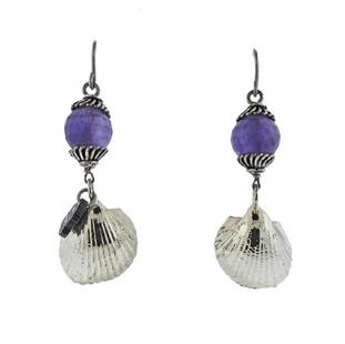 Buccellati Silver Shell Amethyst Earrings: METAL: Sterling Silver. MEASUREMENTS: Earrings are 58mm x 20mm. GEMSTONES: Amethyst. Come with pouch.Retail $550. MARKED: Dal.1919, Mario Buccellati. WEIGHT: 12.8 grams.Gemstones have not been graded