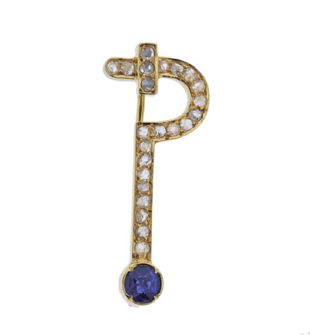 18K Gold Diamond Blue Stone Brooch Pin (1 of 3)