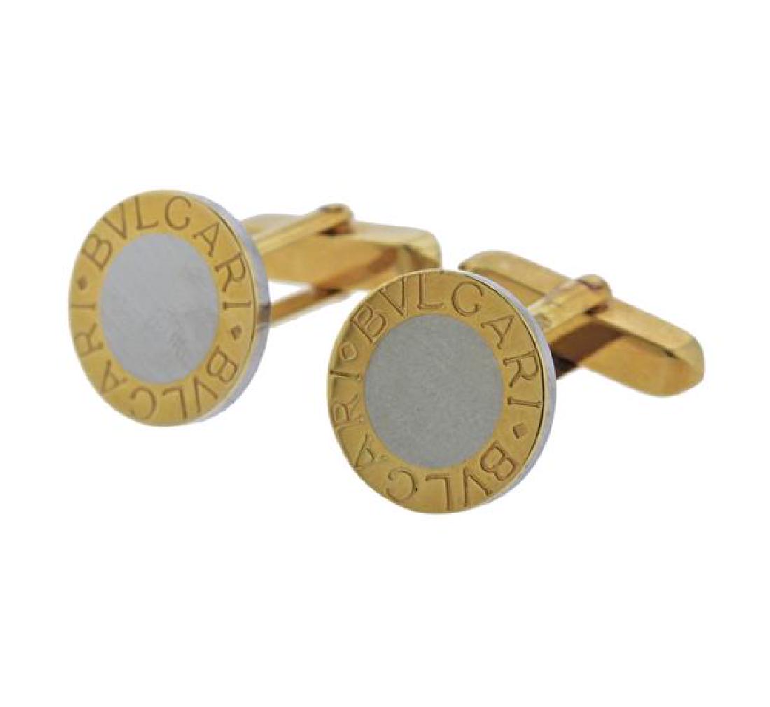 18K Gold Stainless Steel Cufflinks: METAL: 18k gold, stainless steel. MEASUREMENTS: cufflink top measures 15mm in diameter. MARKED: 750 M; signed "Bvlgari". WEIGHT:10.8 grams.Gemstones have not been graded for color and clarit