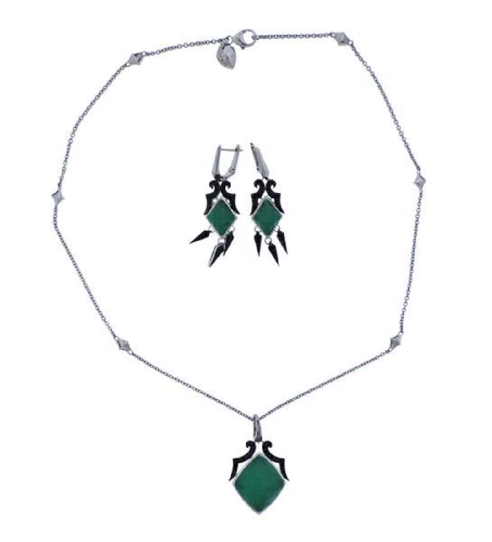 Stephen Webster Silver Diamond Crystal Necklace: METAL: Sterling Silver. MEASUREMENTS: Necklace is 17" long, Pendant - 35mm x 22mm. Earrings - 45mm x 14mm. One clasp is loose. GEMSTONES: Crystal, backed with chrysoprase, black diamonds. MARKED: