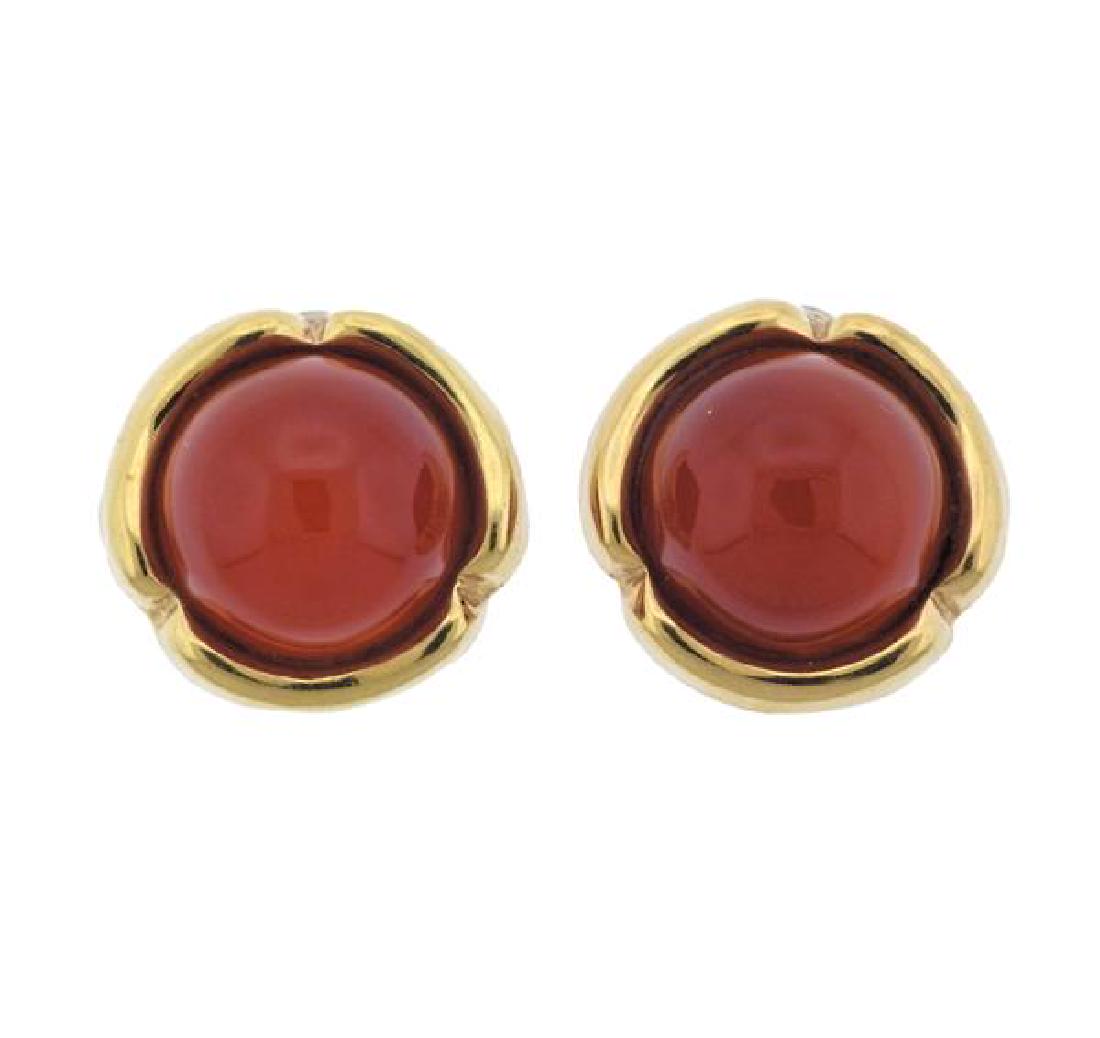 14k Gold Carnelian Earrings: METAL: 14k Gold. MEASUREMENTS: Earrings are 20mm in diameter. GEMSTONES: Carnelian - 14.6mm in diameter. MARKED: 14k. WEIGHT: 9.3 grams.Gemstones have not been graded for color and clarity ,and tested