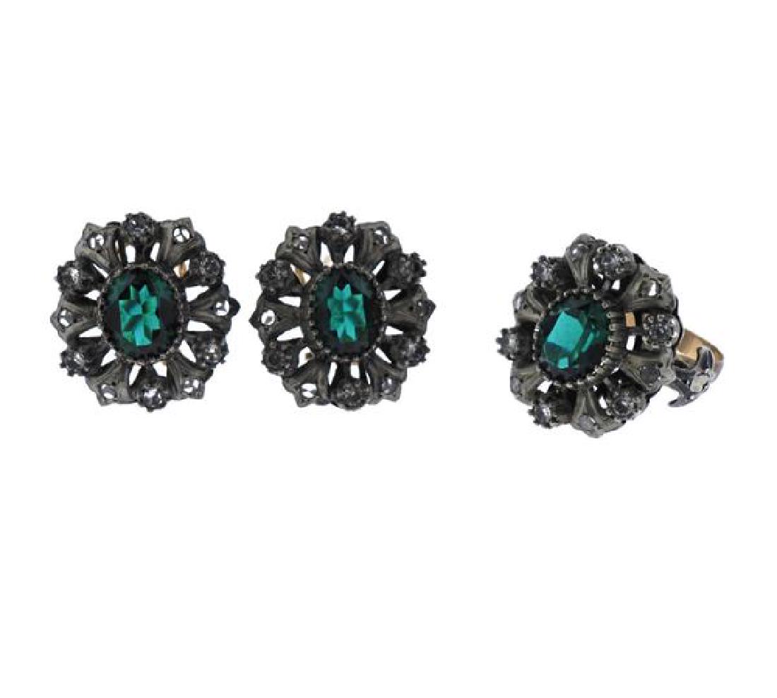 18k Gold Silver Green Stone Diamond Earrings Ring Set (1 of 7)