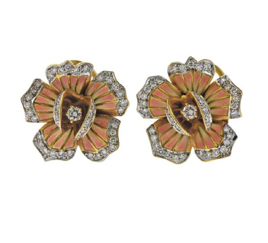 Masriera 18K Gold Diamond Enamel Flower Earrings (1 of 5)