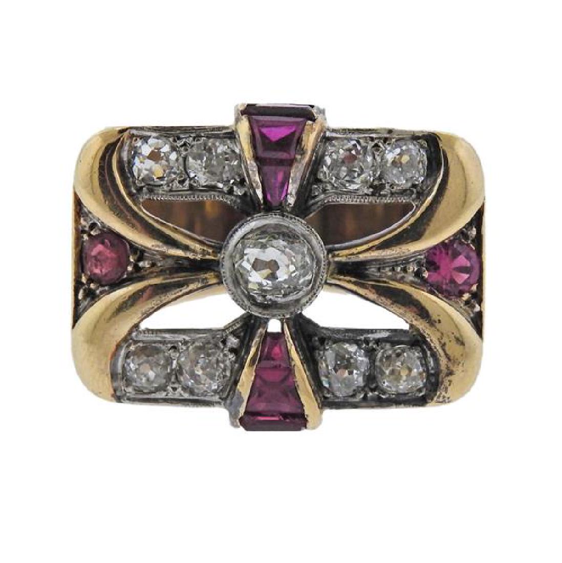 Retro 18K Gold Diamond Red Stone Ring (1 of 3)