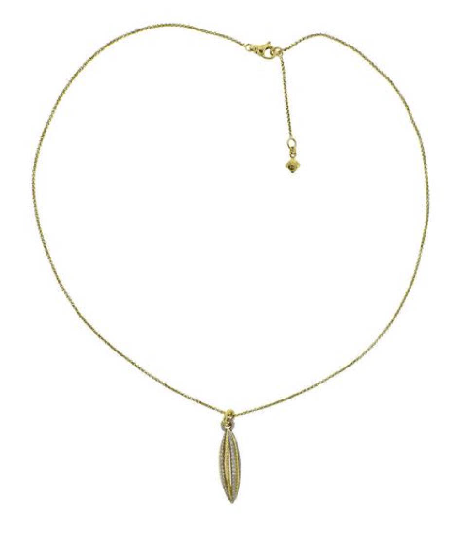 David Yurman Lantana 18K Gold Diamond Pendant Necklace: METAL: 18k gold. GEMSTONES: diamonds-approx. 0.30ctw. MEASUREMENTS: necklace is 18.5" long. Pendant is 30mm long x 7.5mm at widest point. MARKED: D.Y. 750. WEIGHT: 8.8 grams. Retail $3350. Gemsto