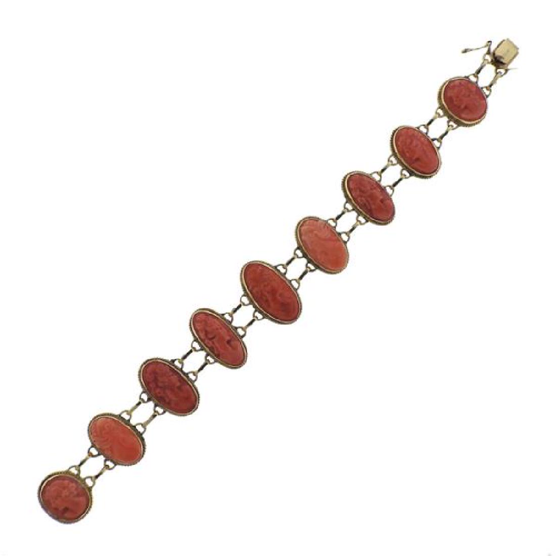 Mid Century 14K Gold Coral Cameo Bracelet (1 of 4)