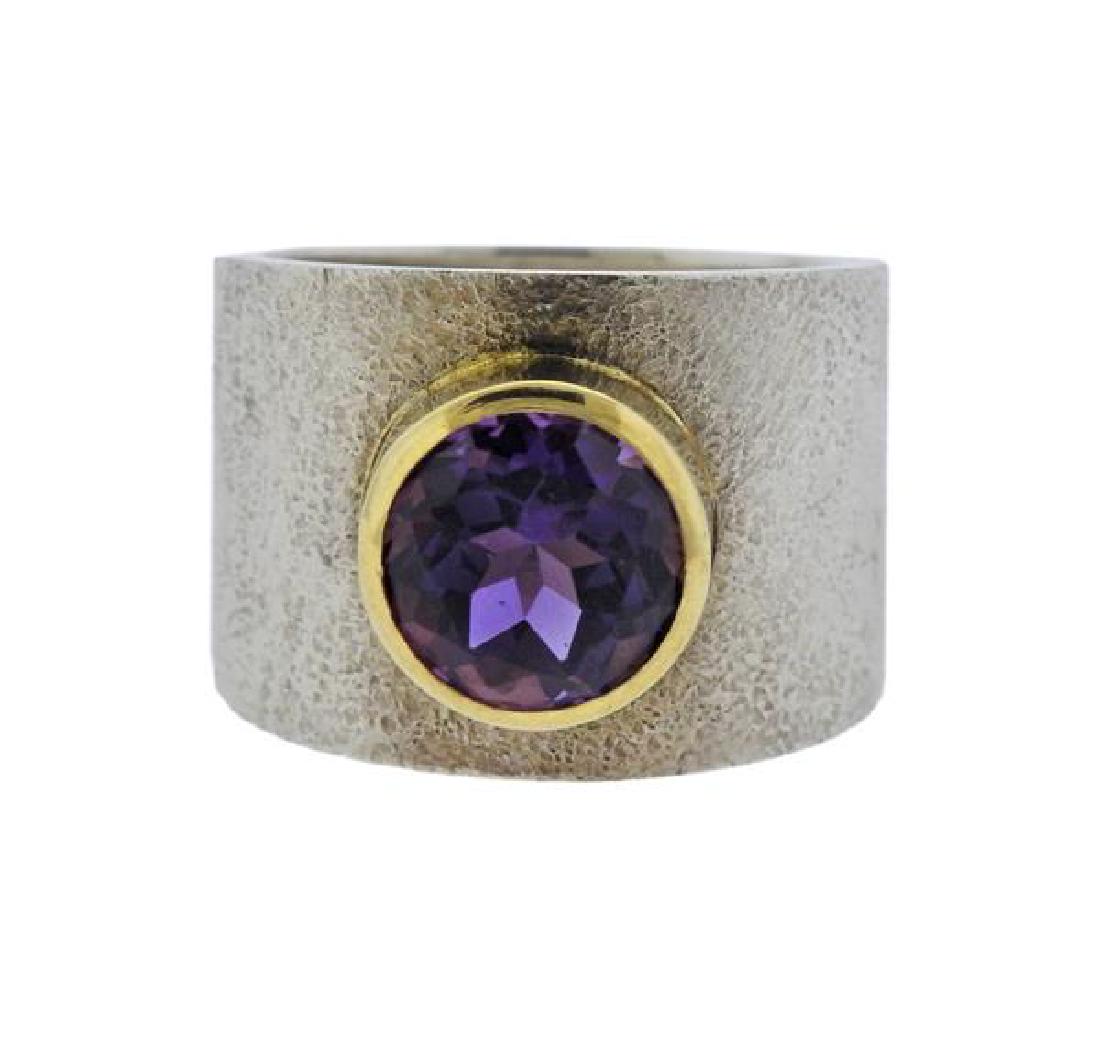 18K Gold Sterling Silver Purple Stone Wide Band Ring (1 of 5)