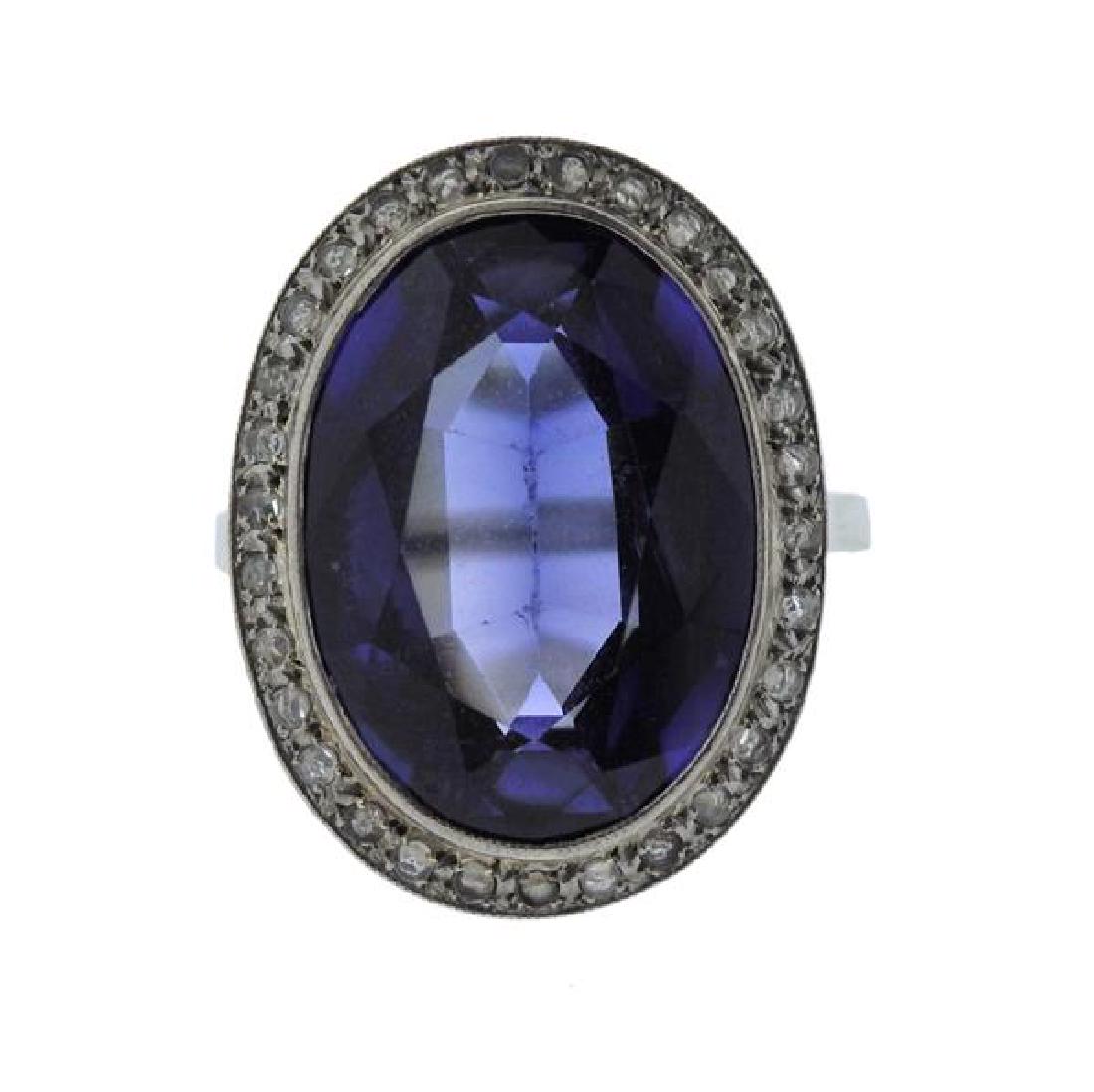 18K Gold Blue Stone Clear Stone Halo Ring (1 of 3)