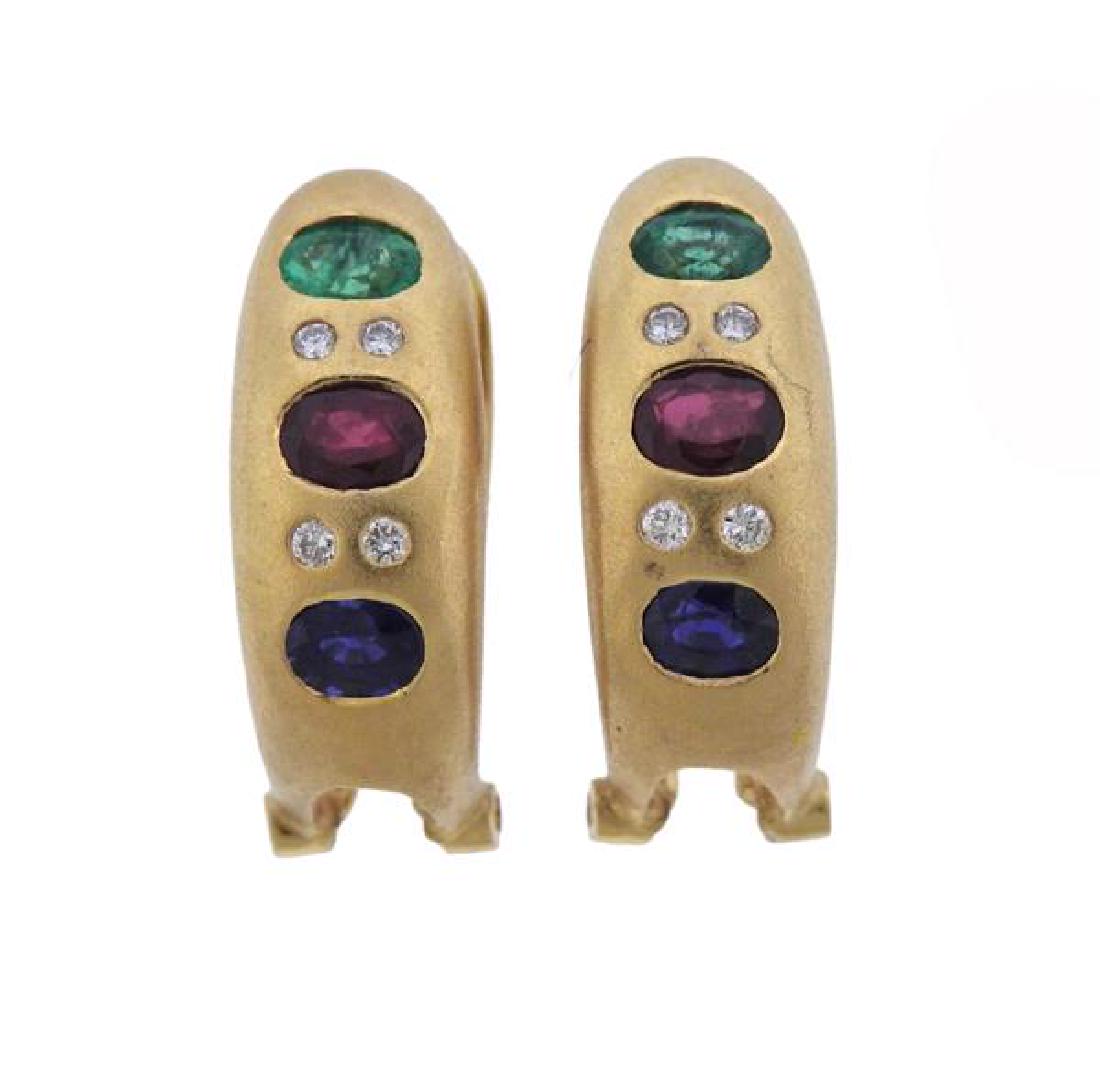 18K Gold Diamond Ruby Emerald Sapphire Earrings (1 of 3)