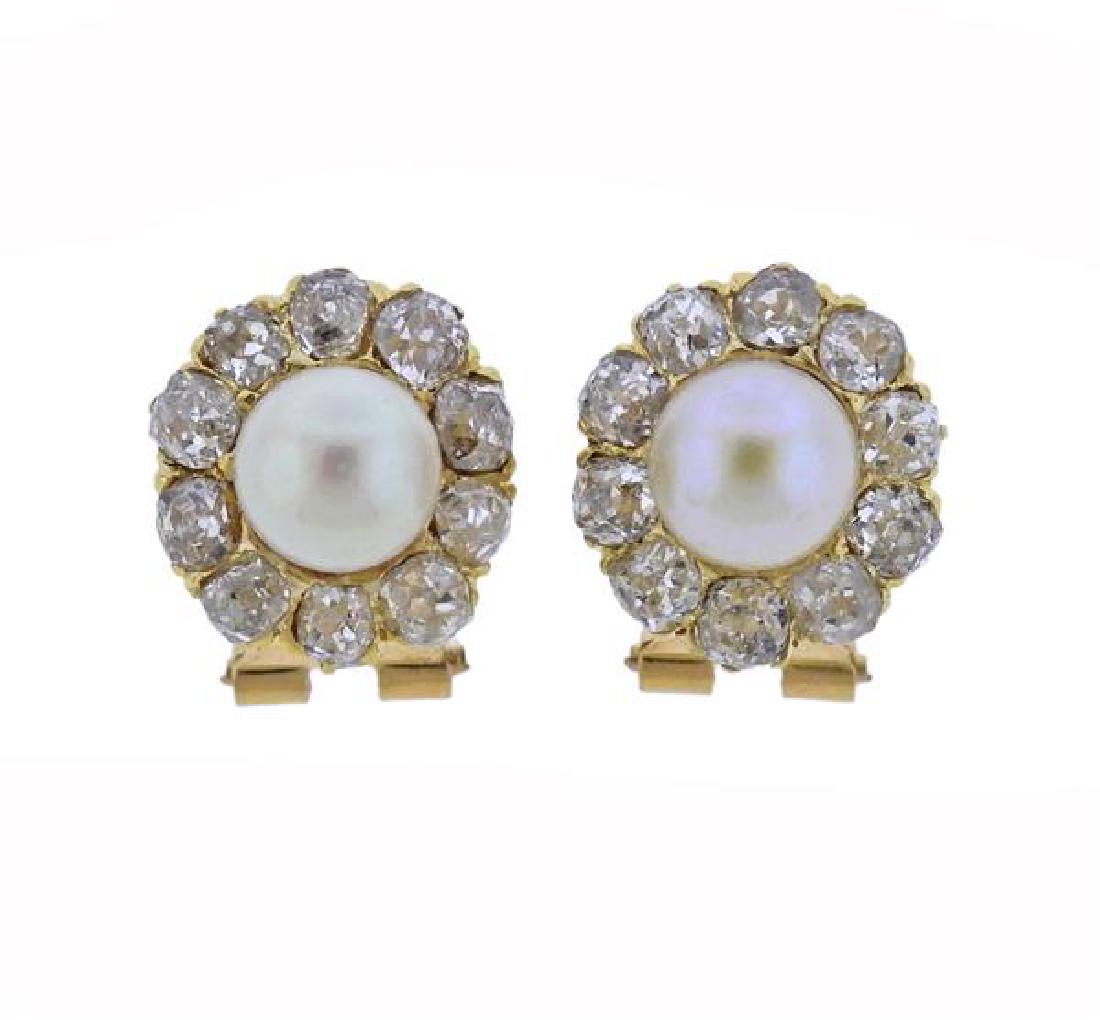 18K Gold Old Mine Cut Diamond Pearl Earrings (1 of 3)