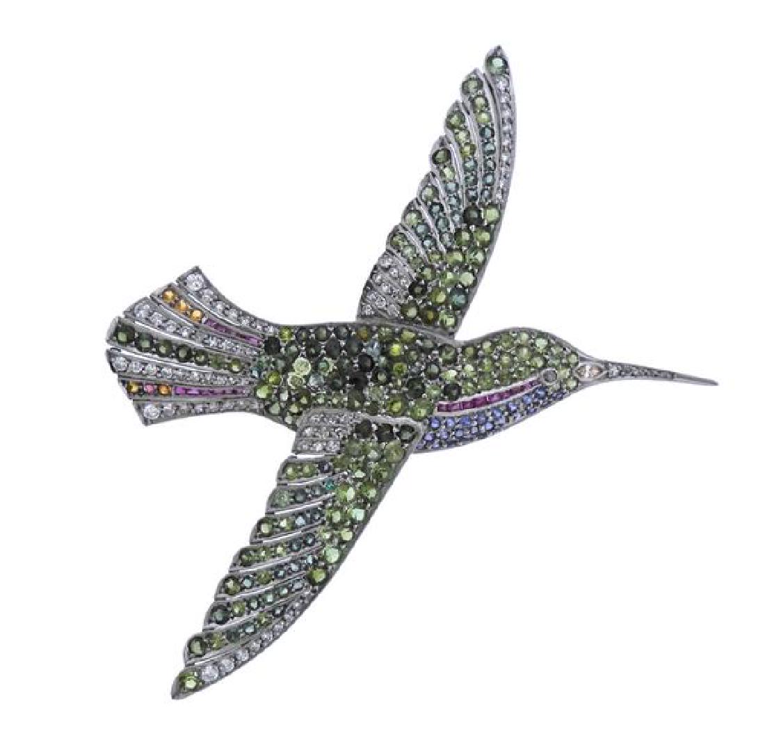 Petri Platinum Diamond Multi Color Stone Bird Brooch (1 of 3)