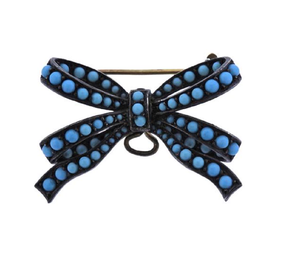 Antique Victorian Gold Silver Blue Stone Bow Brooch (1 of 3)