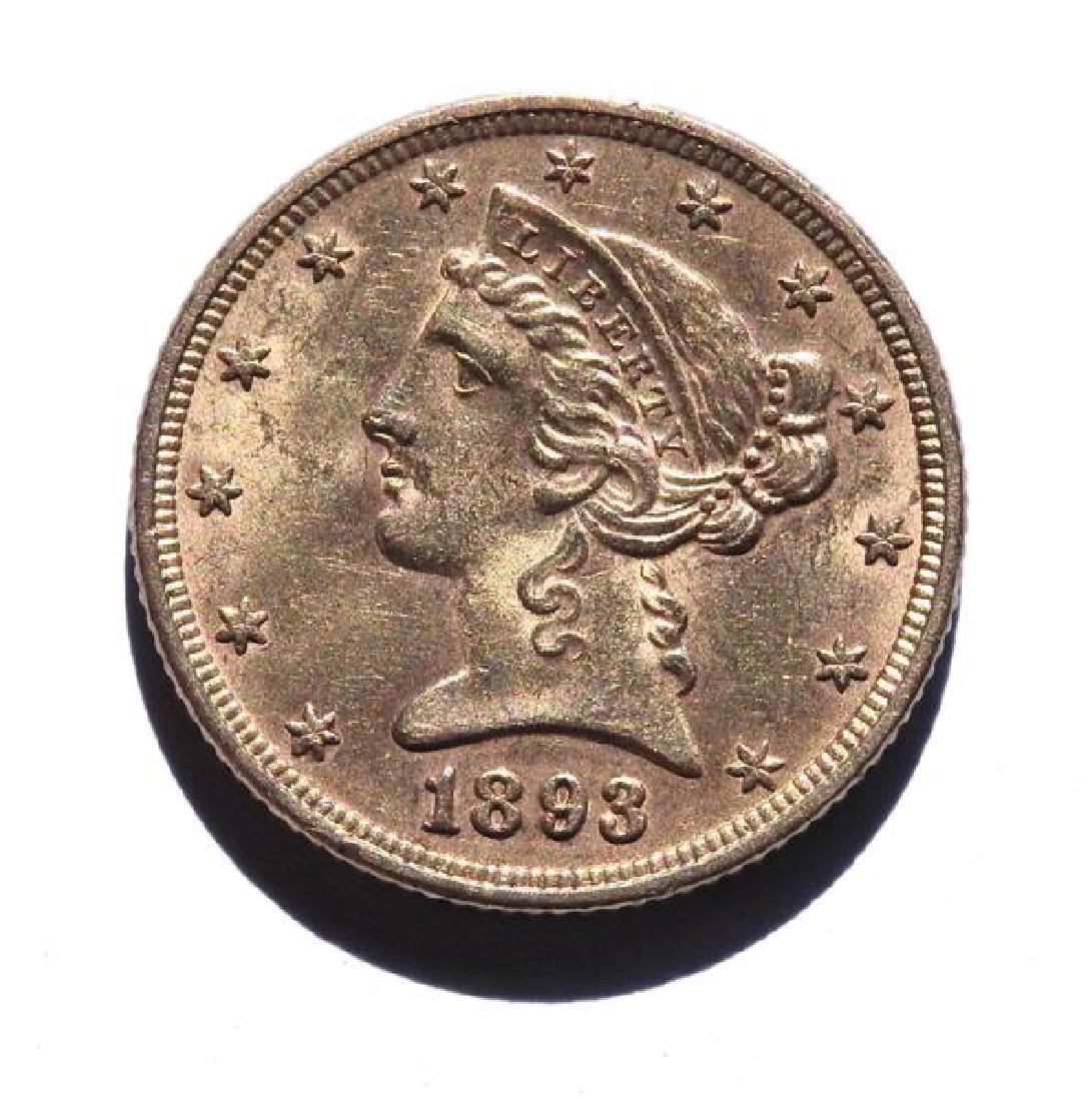 1893 Liberty Head 5 Dollars US Gold Coin (1 of 2)