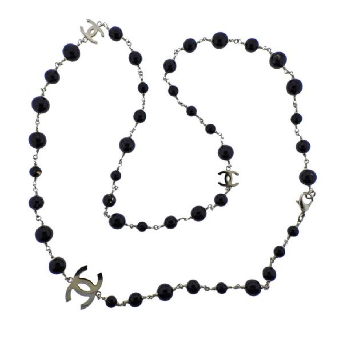 Chanel Base Metal Black Stone Bead Logo Necklace (1 of 3)