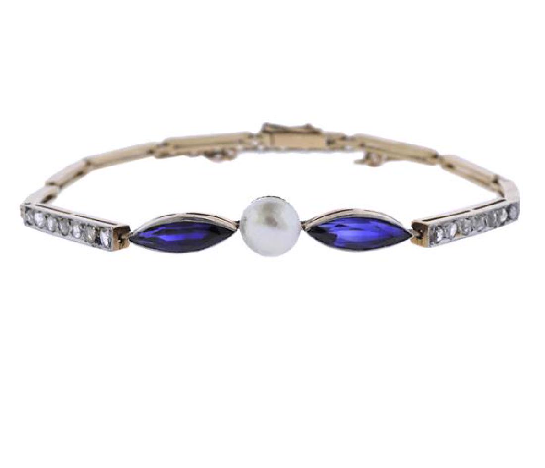 Antique 18K Gold Platinum Diamond Blue Stone Pearl (1 of 3)