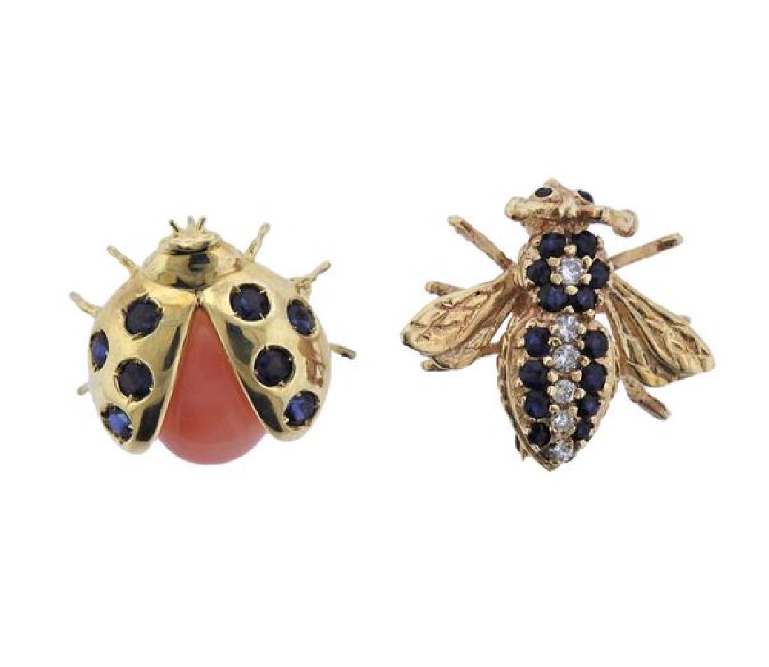 14K Gold Diamond Blue Stone Coral Insect Brooch Lot of (1 of 3)