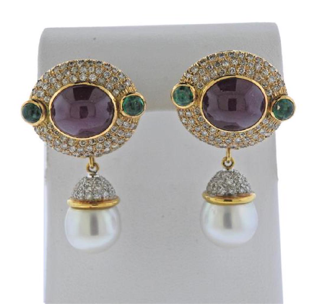 18K Gold Diamond Pearl Emerald Ruby Day Night Earrings (1 of 3)