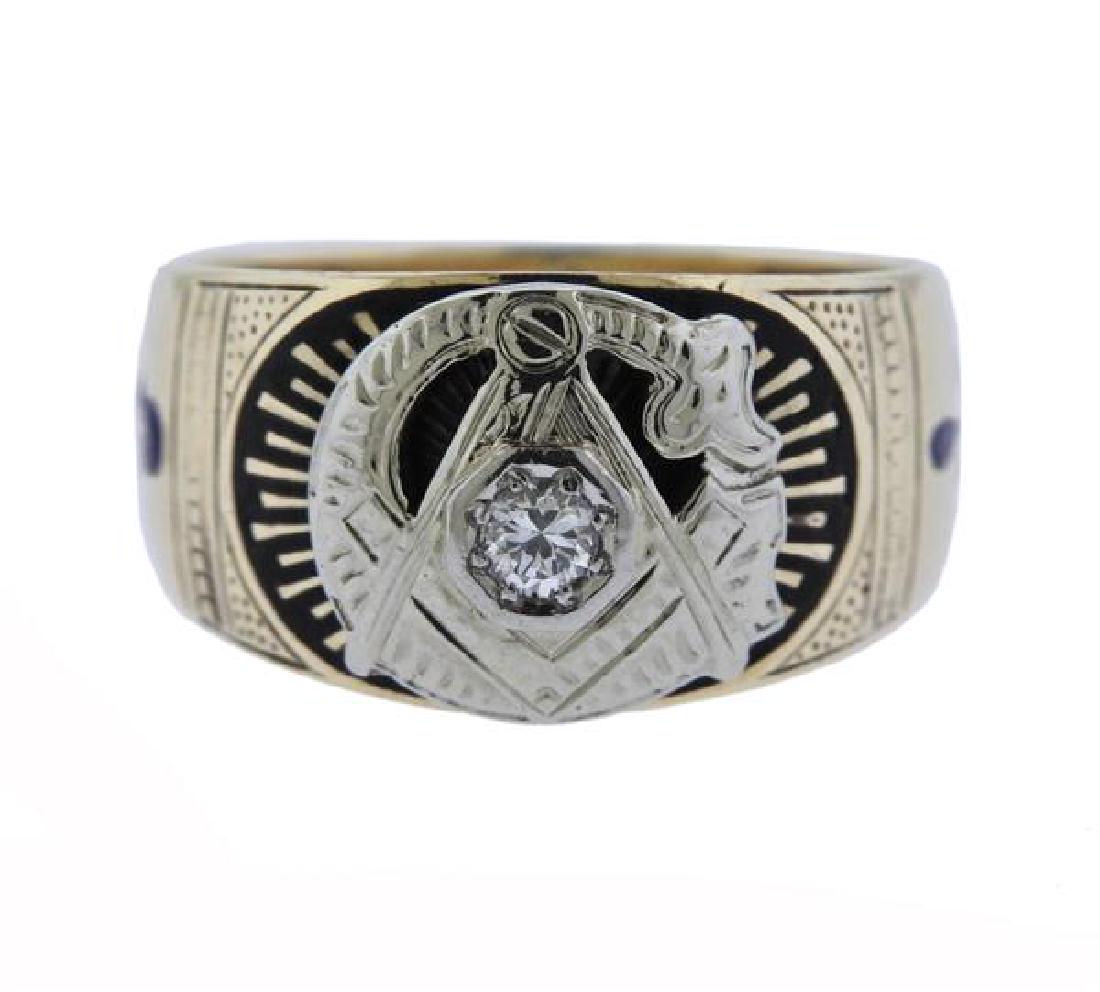 14K Gold Diamond Enamel Masonic Ring (1 of 3)