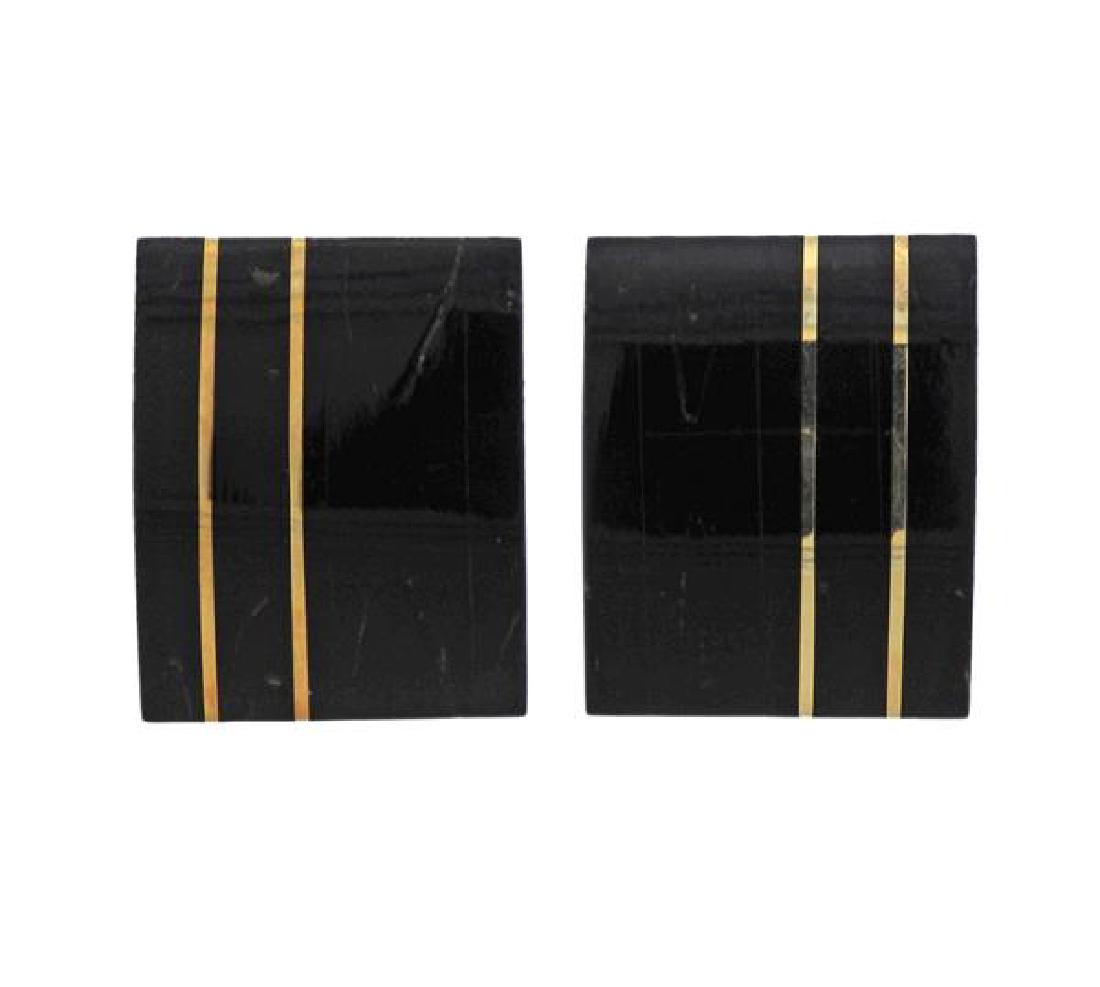 Bernard K. Passman 18K Gold Black Coral Rectangle: METAL: 18k gold. GEMSTONES: black coral. MEASUREMENTS: earrings are 26 x 21mm. Backs are not original and 14K gold. MARKED: 18K (posts), 14K (backs), BKP. WEIGHT: 6.1 grams.Gemstones have not been gra