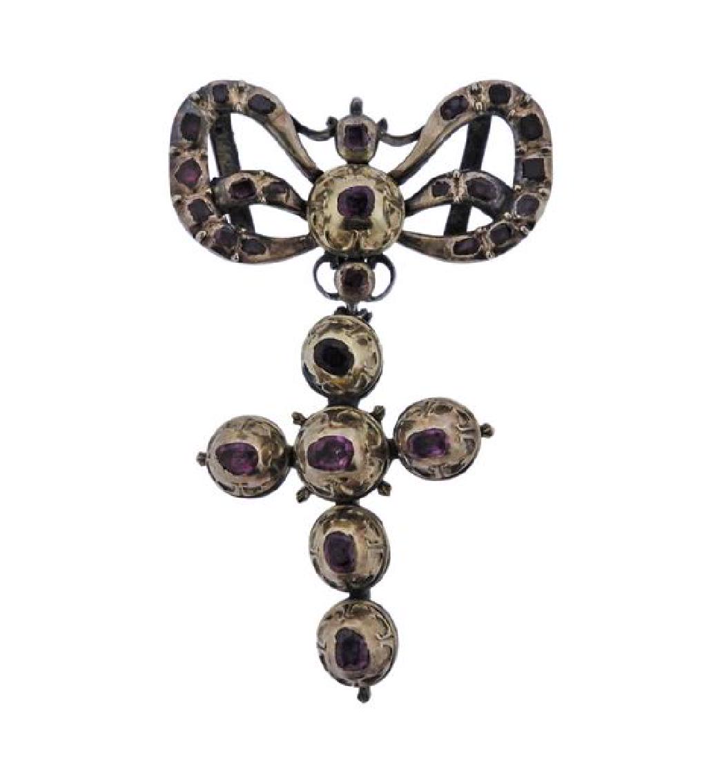 Antique 18K Gold Silver Ruby Bow Cross Slide Pendant (1 of 3)
