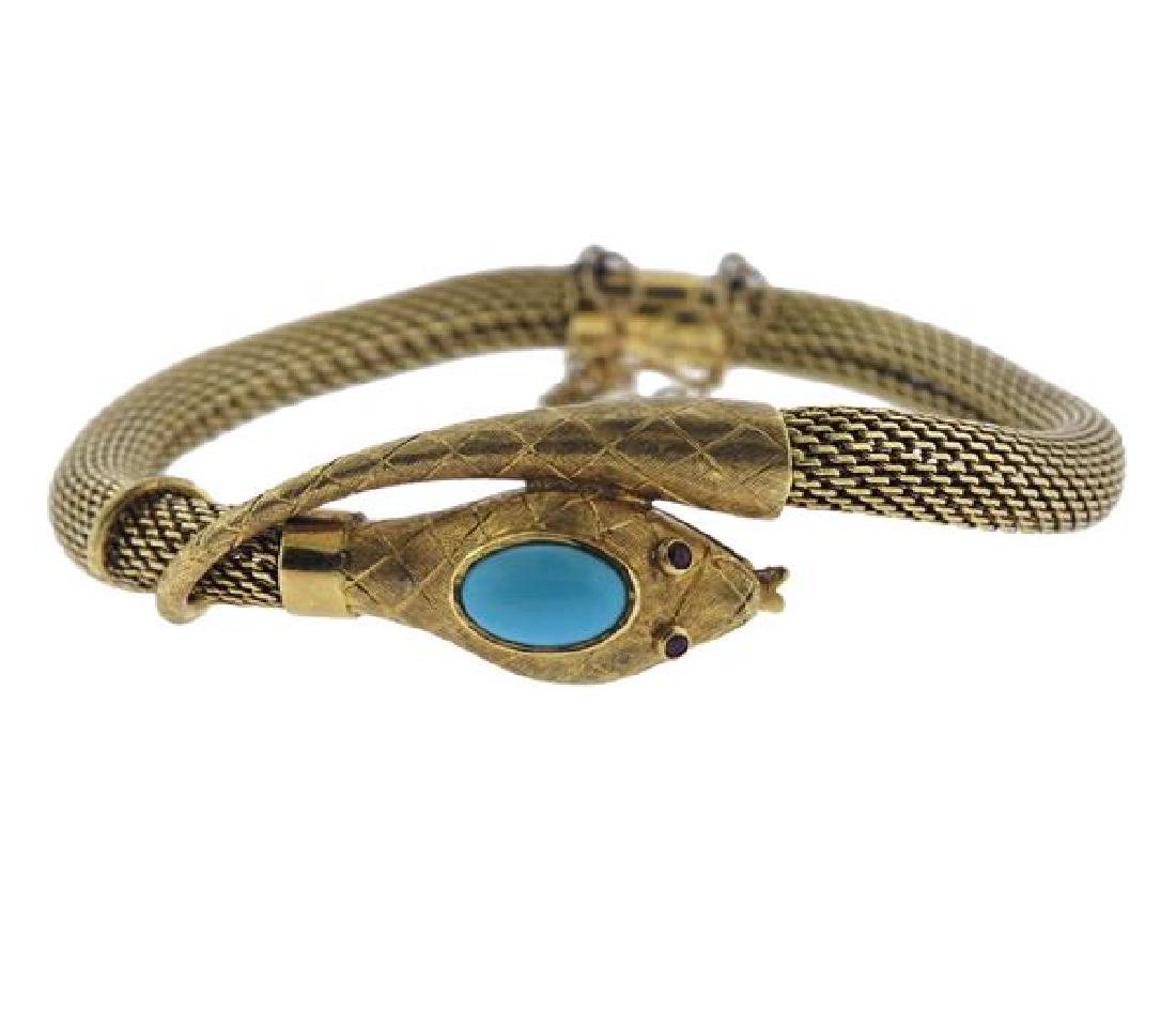 18K Gold Turquoise Ruby Snake Mesh Bracelet (1 of 4)
