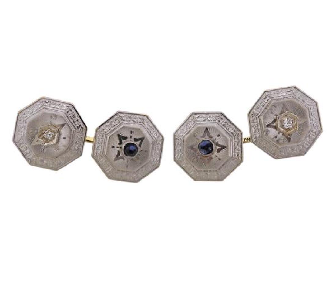 Art Deco Platinum 14K Gold Diamond Blue Stone Cufflinks (1 of 3)