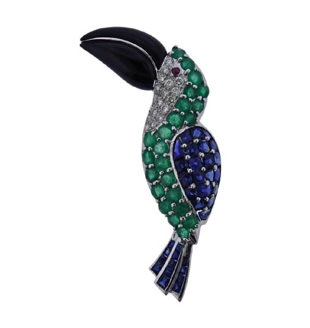 18k Gold Diamond Sapphire Emerald Onyx Bird Brooch (1 of 3)