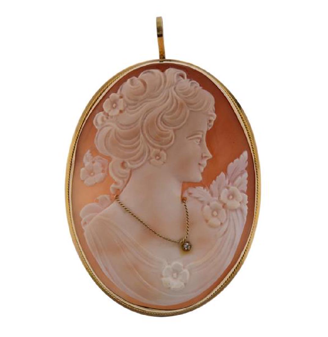 14K Gold Diamond Shell Cameo Brooch Pendant (1 of 3)